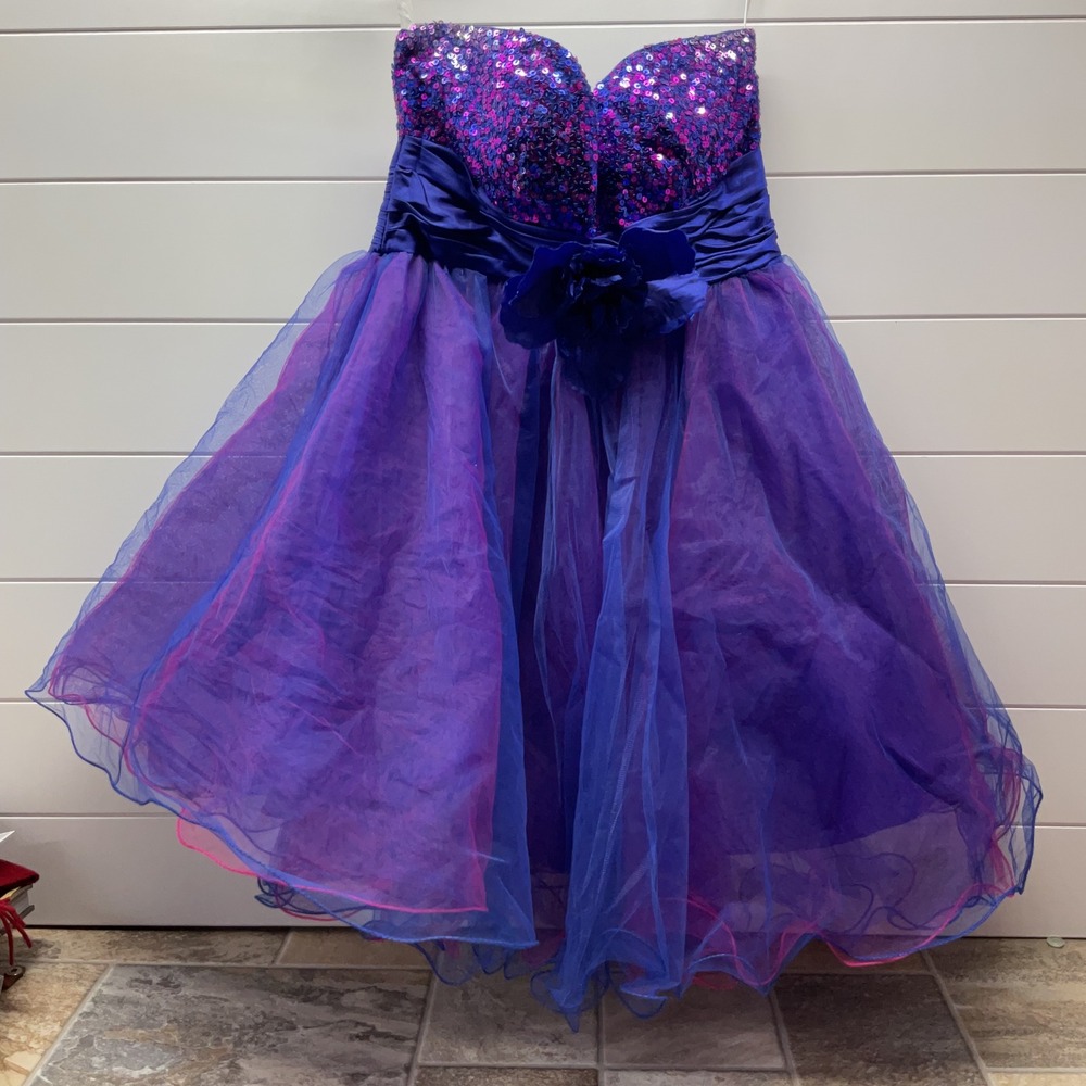 BG Haute Purple Blue Sequin Tulle Strapless Cocktail Party Dress Size 6